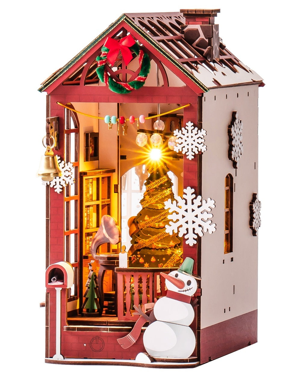 ROBOTIME DIY Christmas Dollhouse Book Nook – Wooden LED Bookshelf Decor Gift