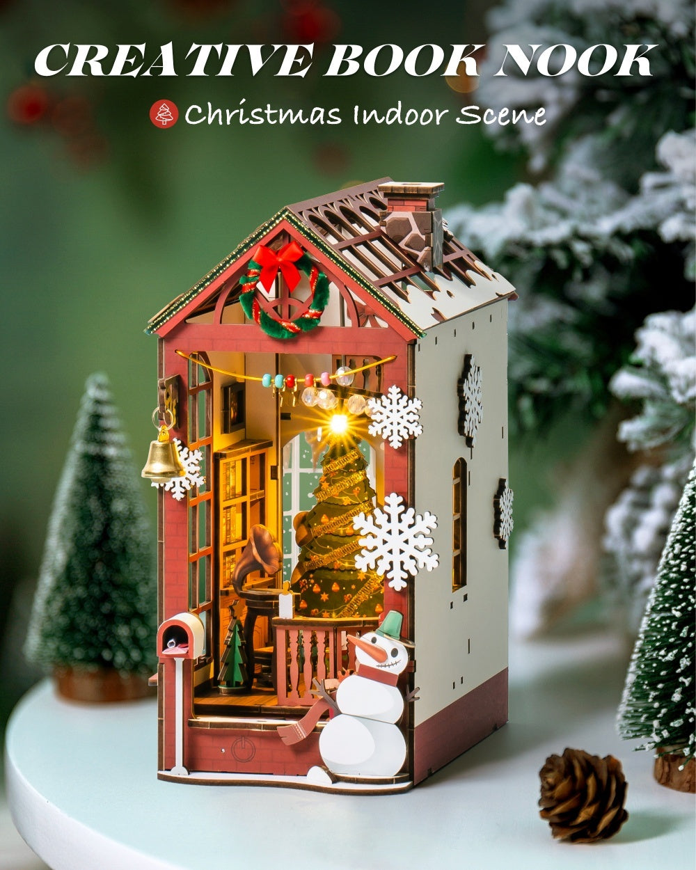 ROBOTIME DIY Christmas Dollhouse Book Nook – Wooden LED Bookshelf Decor Gift