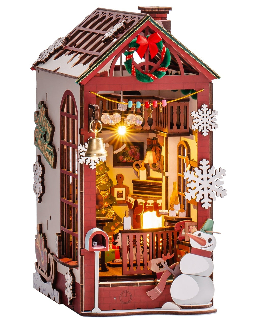 ROBOTIME DIY Christmas Dollhouse Book Nook – Wooden LED Bookshelf Decor Gift