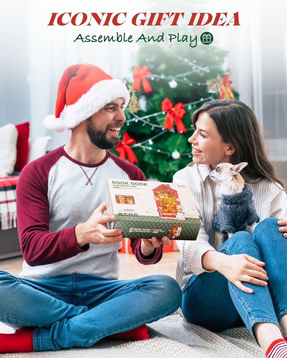 ROBOTIME DIY Christmas Dollhouse Book Nook – Wooden LED Bookshelf Decor Gift