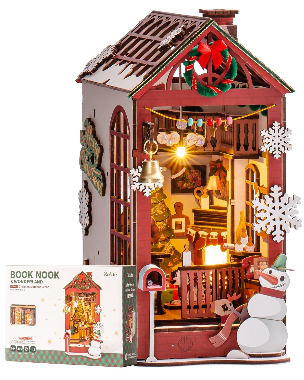 ROBOTIME DIY Christmas Dollhouse Book Nook – Wooden LED Bookshelf Decor Gift