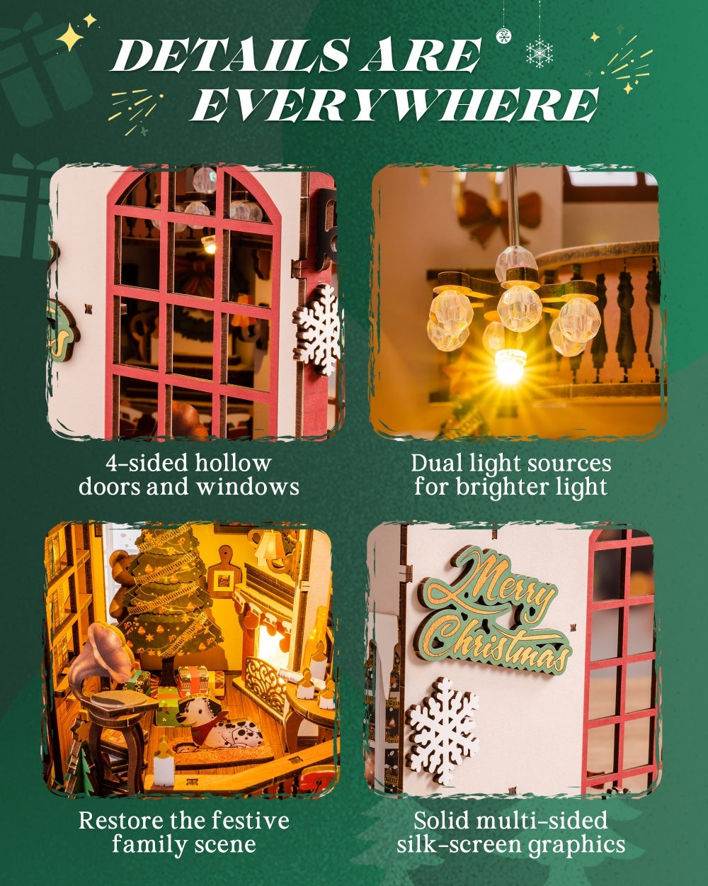 ROBOTIME DIY Christmas Dollhouse Book Nook – Wooden LED Bookshelf Decor Gift