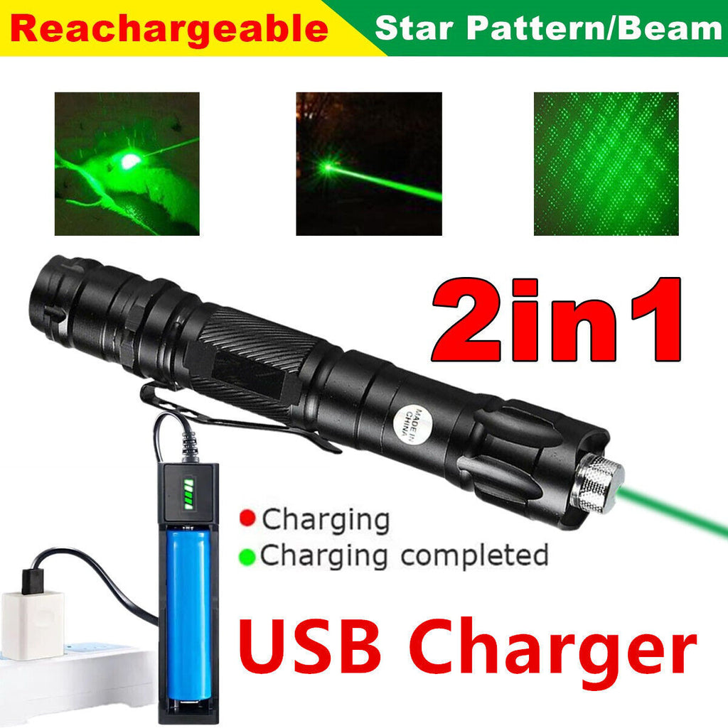 USB Rechargeable Green Laser Pointer Pen with LED Flashlight