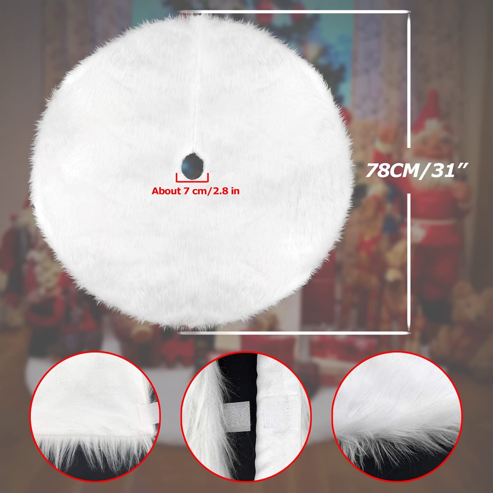White Faux Fur Christmas Tree Skirt – 78cm (31") Plush Snowflake Design