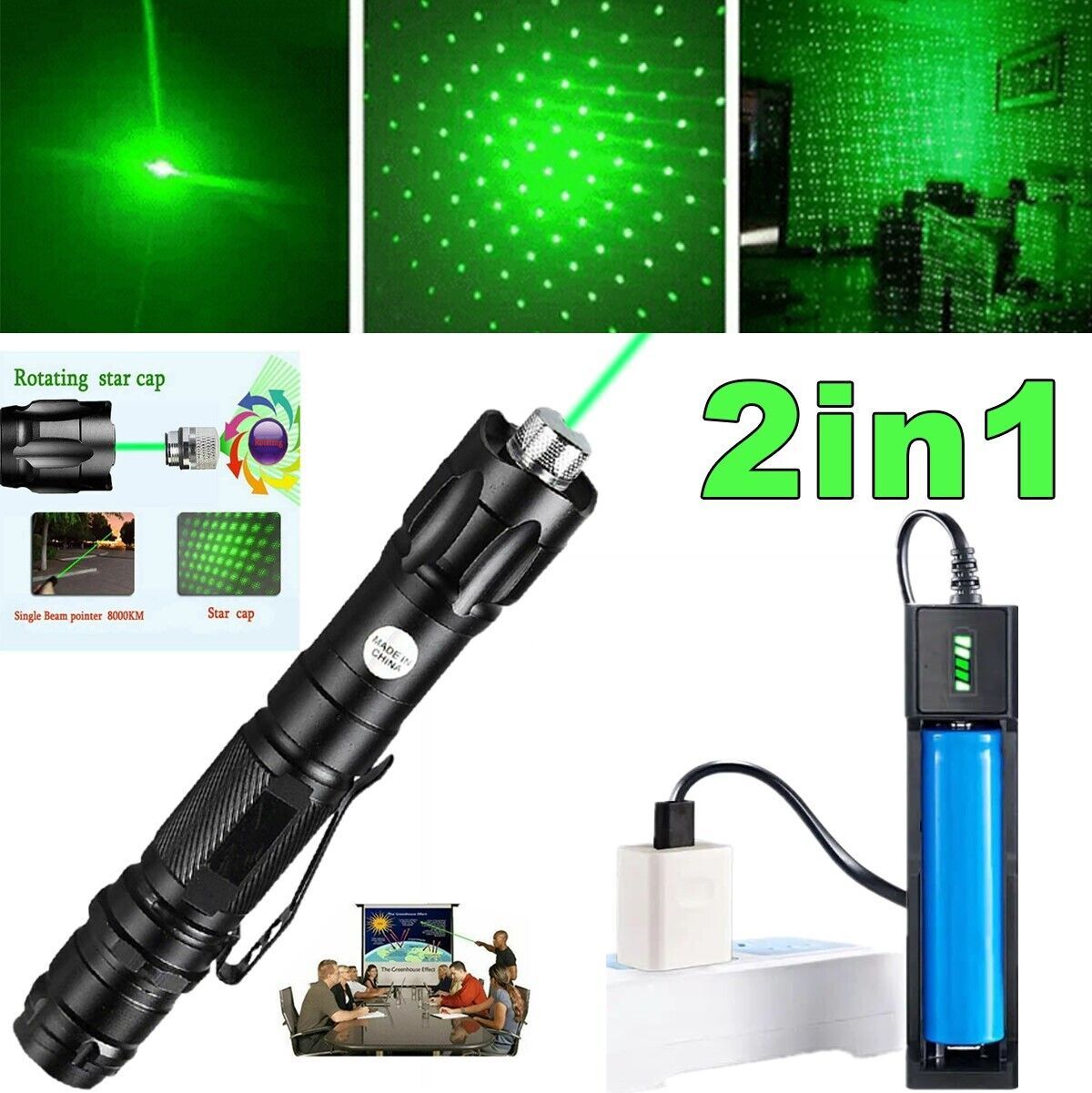 USB Rechargeable Green Laser Pointer Pen with LED Flashlight