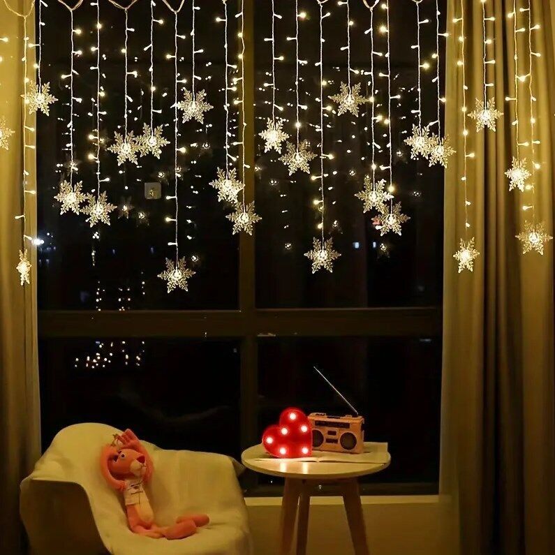 LED Snowflake Curtain Fairy Lights – Christmas & Party Window Decor (UK)